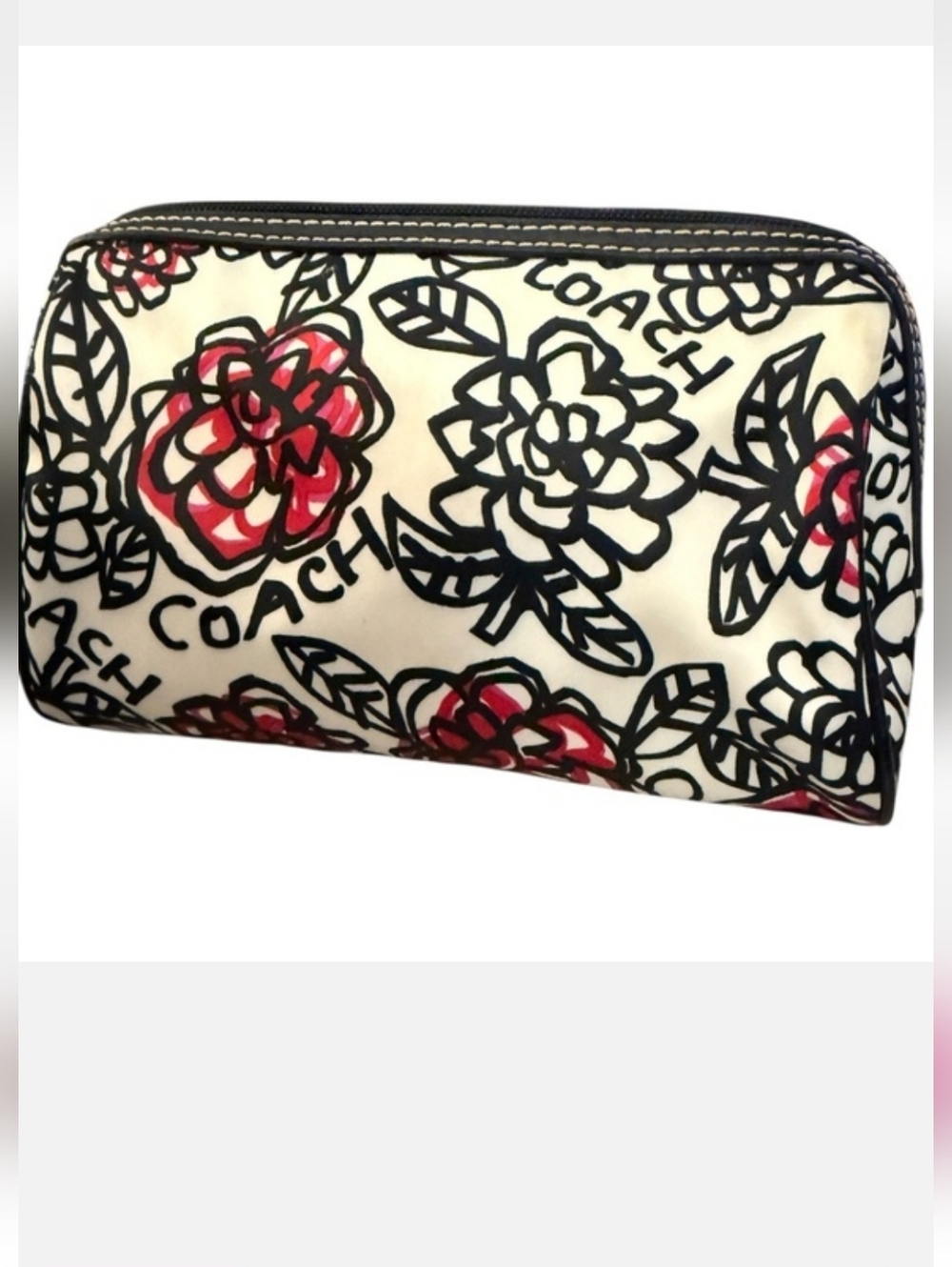 Coach Floral Print Cosmetic Pouch in White, Black & Red